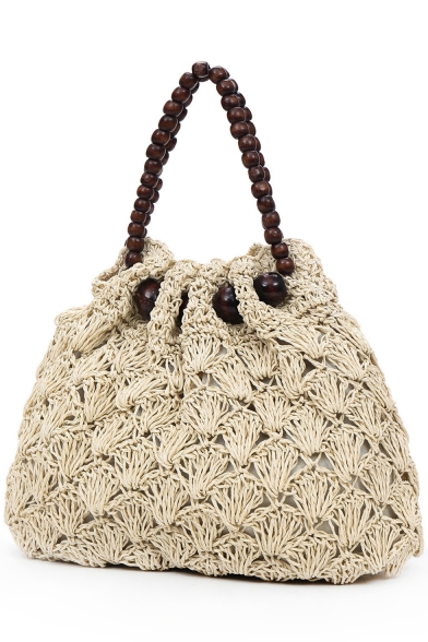 Simple Fashion Plain Beads Handle Straw Tote Beach bag 37*14*23 CM