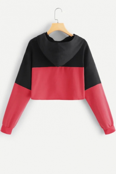 Simple Letter GIRL Color Block Long Sleeve Cropped Pullover Red Hoodie