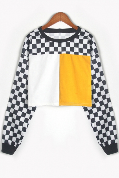 Stylish Colorblock Checkerboard Pattern Round Neck Long Sleeve Cropped Sweatshirt