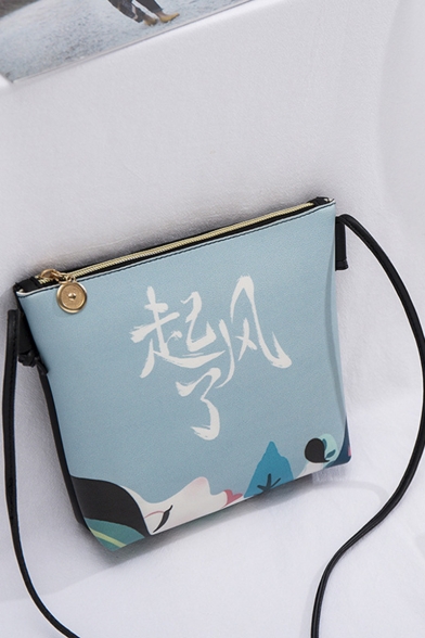 Stylish Figure Chinese Letter Printed Blue Crossbody Purse with Long Strap 17*5*17 CM