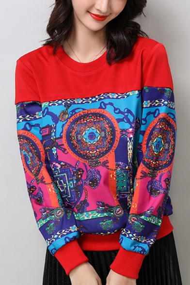 Stylish Tribal Printed Round Neck Long Sleeve Pullover Sweatshirt for Women