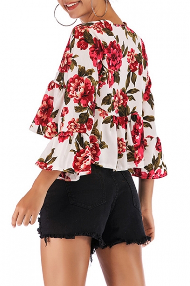 Summer Chic Red Floral Printed V-Neck Flared Sleeve Cropped Chiffon Blouse