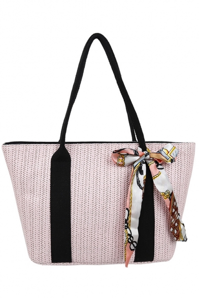 Summer Fashion Plain Silk Scarf Bow Tied Large Straw Tote Beach Bag 38*23*15 CM