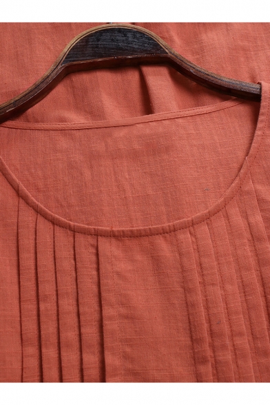 Summer Round Neck Short Sleeves Plain Pleated T-shirt Midi Dress For Women
