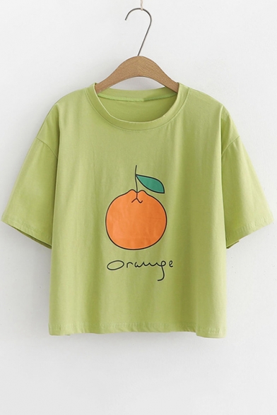 Summer Lovely Cartoon Orange Print Basic Round Neck Loose Fit Cropped T-Shirt