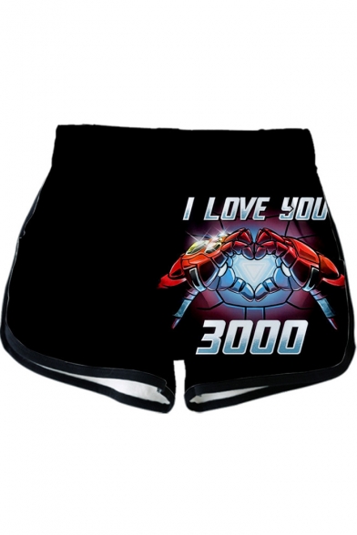 Summer New Trendy Iron Hand Heart Letter I LOVE YOU 3000 Short Sleeve Crop Tee with Dolphin Shorts Black Two-Piece Set