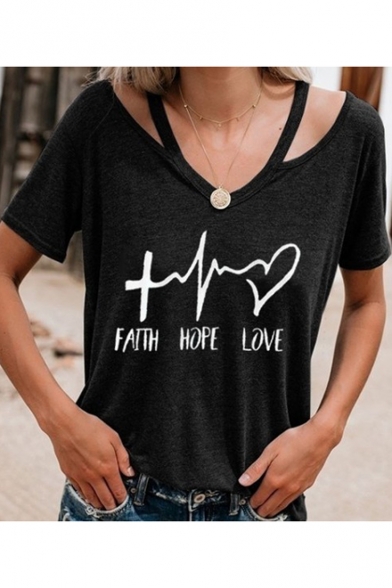 Summer Popular Letter FAITH HOPE LOVE Print Cutout V-Neck Short Sleeve Casual Tee