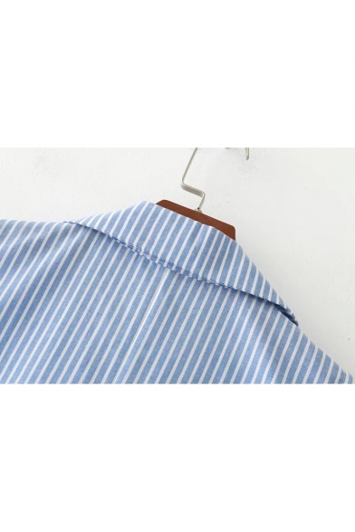 Summer Trendy Blue Striped Pattern Lapel Collar Sleeveless Chic Lace Patched Hem Mini Swing Dress