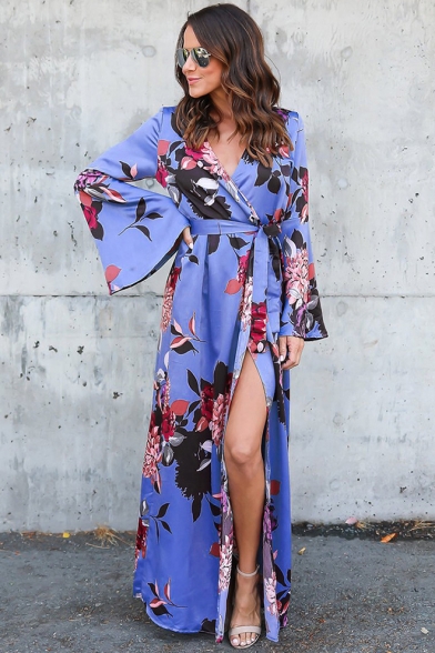 Summer Trendy Chic Floral Print Bell Long Sleeve Surplice V-Neck Tied Waist Blue Maxi Wrap Dress