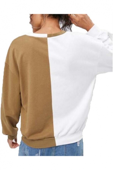 Trendy Color Block White and Khaki Round Neck Long Sleeve Pullover Sweatshirt