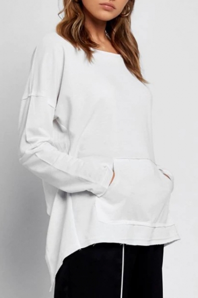 Trendy Hollow Out Tied Back Round Neck Long Sleeve Casual Loose White Sweatshirt