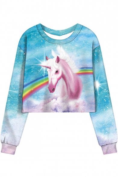 Trendy Rainbow Unicorn Printed Round Neck Long Sleeve Cropped Blue Sweatshirt