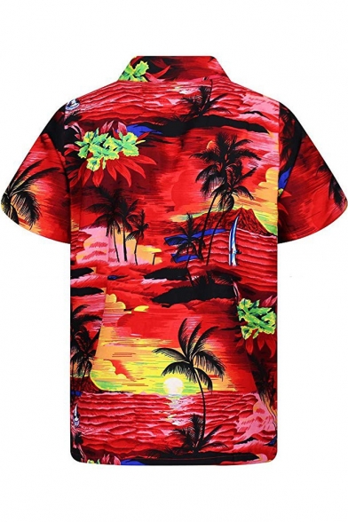 Trendy Summer Tropical Print Lapel Collar Short Sleeve Button Front Casual Beach Camp Shirt