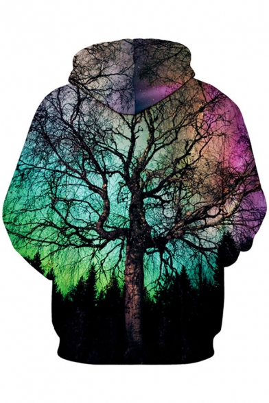 Unique 3D Tree Printed Basic Long Sleeve Pullover Drawstring Hoodie