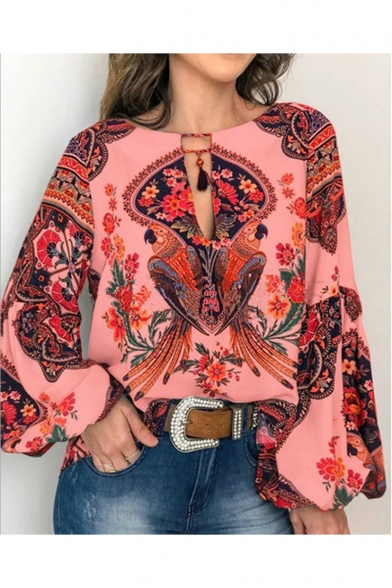 Unique Tribal Print Cut Out Tassel Detail Round Neck Lantern Sleeve Holiday Blouse Top