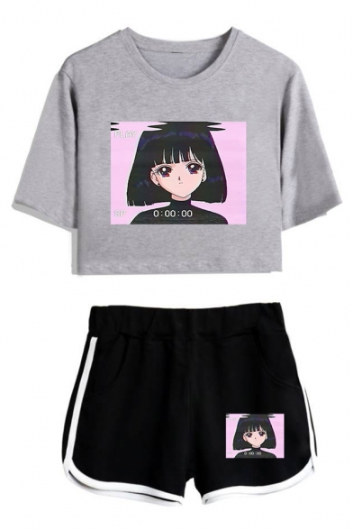 Vaporwave Cute Comic Girl Pattern Short Sleeve Crop Tee Casual Dolphin Shorts Two-Piece Set