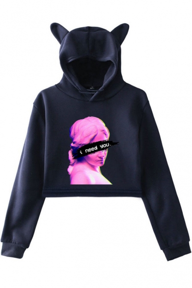 Vaporwave Funny Figure Letter I NEED YOU Cute Cat Ear Cropped Relaxed Hoodie