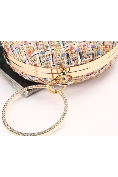 Women's Elegant Plaid Pattern Rhinestone Embellishment Round Handle Clutch Handbag 18*5.5*18 CM