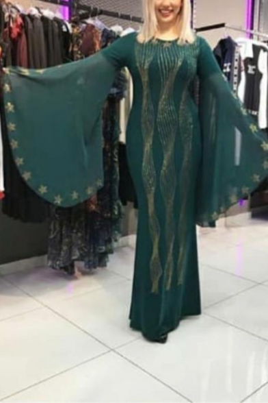 Women's Hot Fashion Round Neck Ruffle Long Sleeve Sequined Start Printed Maxi Swing Dress