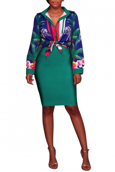 Women's Floral Print Lapel Collar Long Sleeve Button-Front Mini Shirt Dress