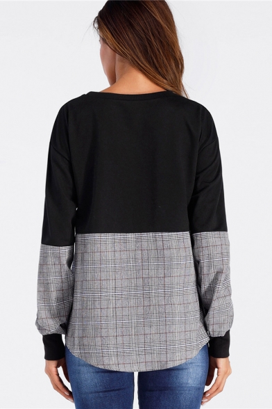 Women's New Round Neck Plaid Patched Round Neck Long Sleeve Pullover Sweatshirt