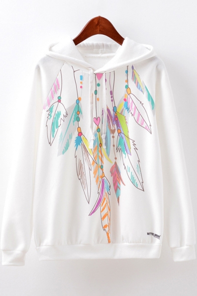 Women's New Stylish Feather Necklace Print Drawstring Hood Long Sleeve White Loose Fit Hoodie