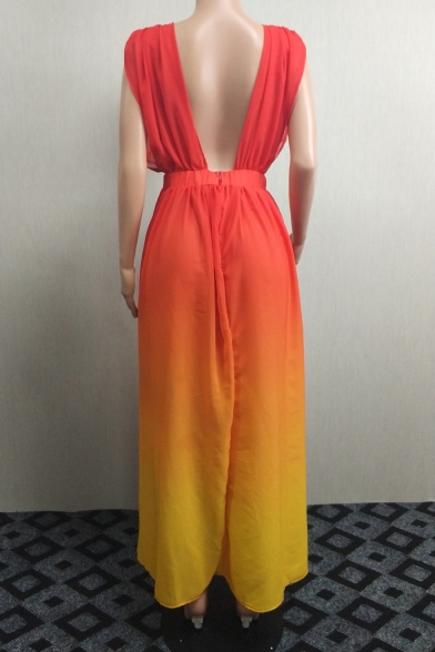 Women's Sexy Plunge Neck Sleeveless Ombre Printed Belted Split Side Backless Maxi Boho Chiffon Tank Red Dress