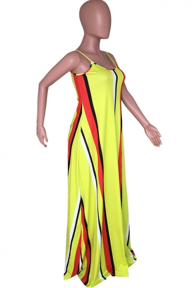 Women's Stylish Spaghetti Straps Sleeveless Stripes Printed Maxi Slip Swing Yellow Dress