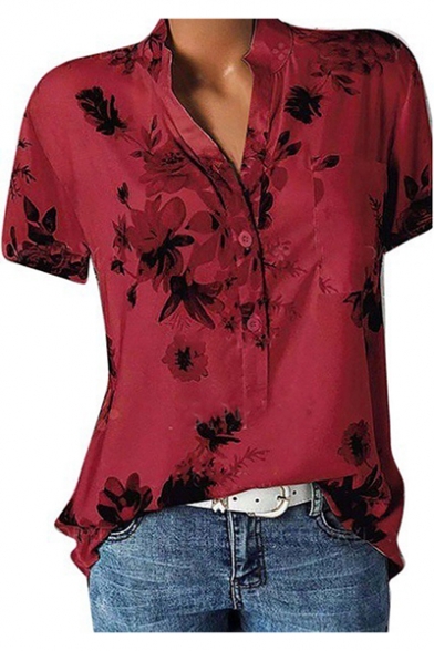 Women's Summer Chic Floral Printed Button V-Neck Short Sleeve Loose Fit Shirt Blouse