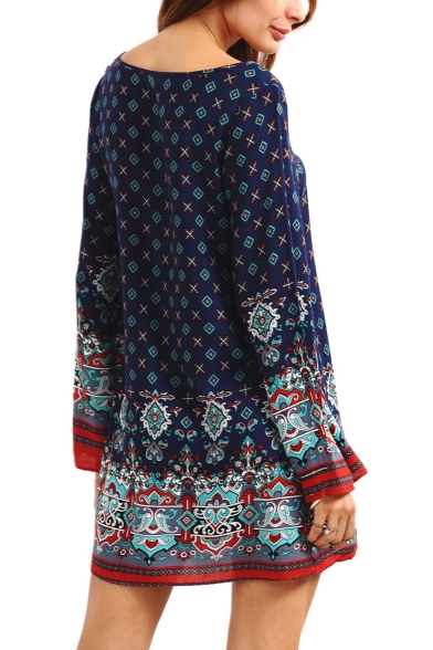 Women's Vintage Tribal Printed Round Neck Long Sleeve Loose Casual Mini Dress