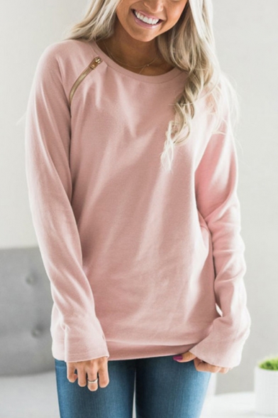 Womens Plain Long Sleeves Round Neck Zip Detail Pullover Sweatshirt