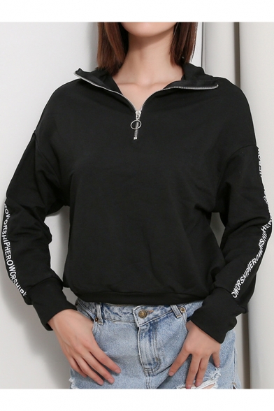 Womens Simple Letter Print Long Sleeve Half-Zip Stand Collar Black Casual Sweatshirt