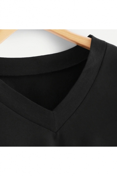 Black V-Neck Ruffle Trim Long Sleeve Plain Pullover Sweatshirt
