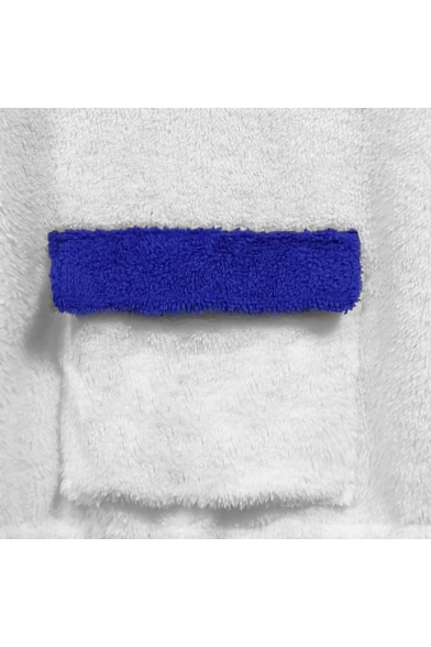 Blue and White Color Block Half-Zif High Neck Long Sleeve Pocket Front Drawstring Hem Fluffy Fleece Sweatshirt