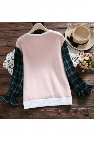 Cartoon Cat Plaid Printed Letter Colorblock Patched Ruffle Long Sleeve Round Neck Sweatshirt