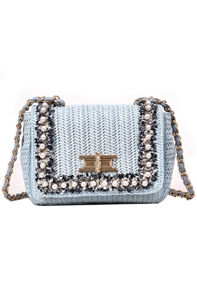 Chic Plain Lace Pearl Embellishment Straw Square Crossbody Bag 18*8*15 CM