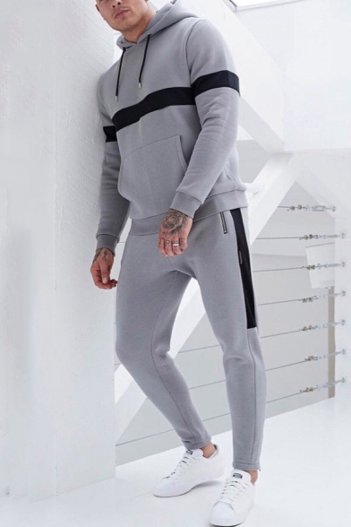 Colorblock Patched Casual Hoodie with Sport Sweat Pants Two-Piece Set