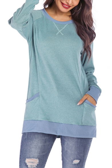 Contrast Hem Simple Plain Basic Round Neck Long Sleeve Loose Leisure Hipster Sweatshirt with Pocket