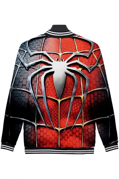 Cool 3D Spider Web Pattern Far From Home Rib Stand Collar Red Button Baseball Jacket