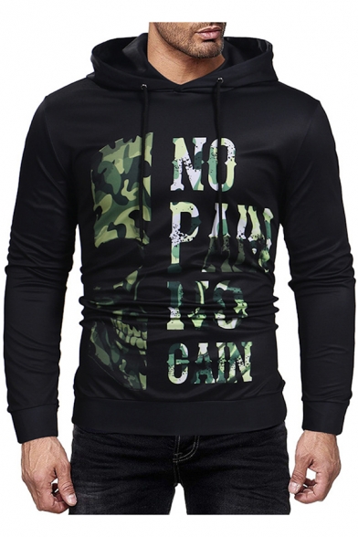 Cool Camouflage NO PAIN NO GAIN Letter Printed Black Slim Fit Drawstring Hoodie for Men