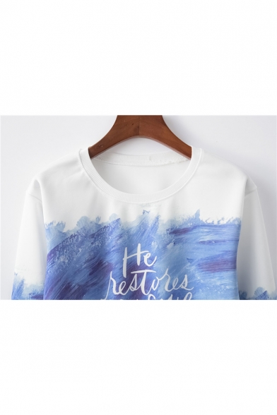 Cool Unique Brush Letter MY SOUL Pattern Round Neck Long Sleeve Cropped White Sweatshirt