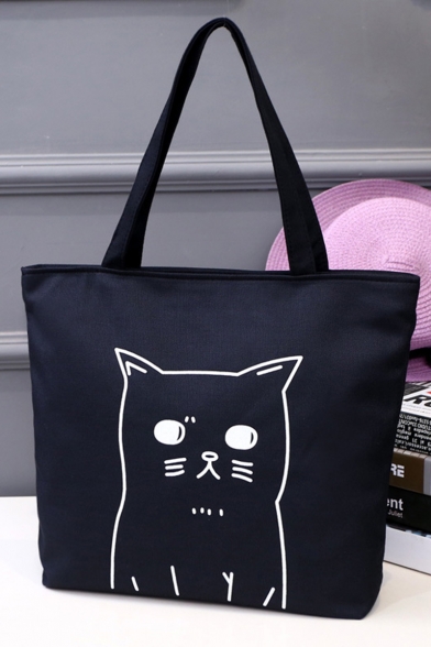 Cute Cartoon Cat Printed Black Canvas School Shoulder Bag 33*8*40 CM