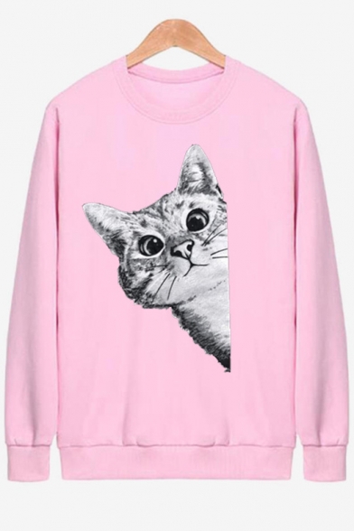 Cute Cartoon Cat Printed Round Neck Long Sleeve Unisex Sweatshirt