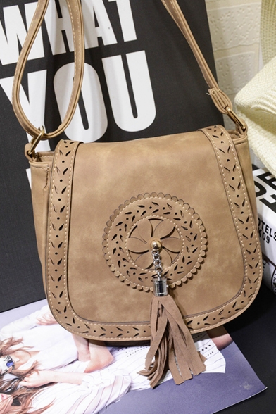 Designer Hollow Out Floral Pattern Tassel Embellishment Crossbody Saddle Bag 17*8*22 CM
