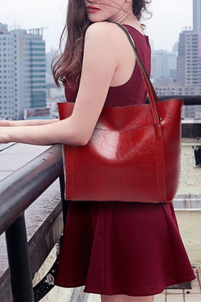 Designer Simple Fashion Plain Waxed PU Leather Tote Shoulder Bag for Women 29*15*27 CM