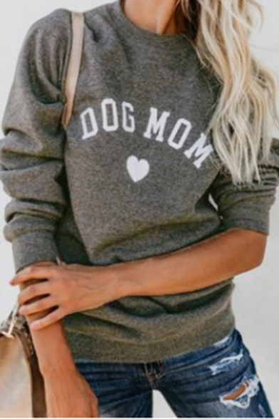 DOG MOM Letter Heart Printed Round Neck Long Sleeve Sweatshirt