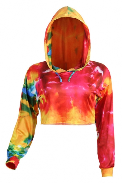 Fancy Colorful Tie Dye Painting Long Sleeve Cropped Drawstring Hoodie for Women
