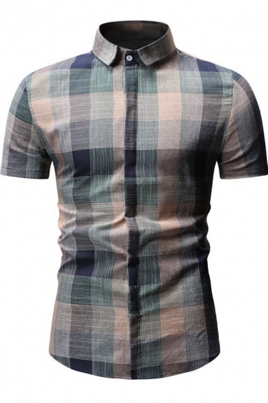 Fashion Check Pattern Mens Short Sleeve Slim Fitted Button Up Shirt