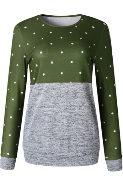 Fashion Color Block Trendy Polka Dot Print Round Neck Fitted Sweatshirt