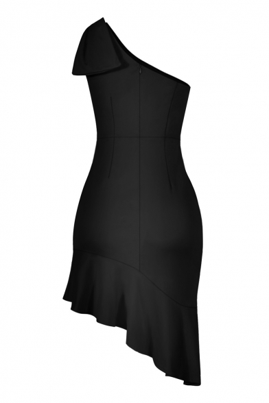 Fashion Oblique Collar Bow-Tied Strap Fishtail Ruffled Hem Bodycon Asymmetrical Dress